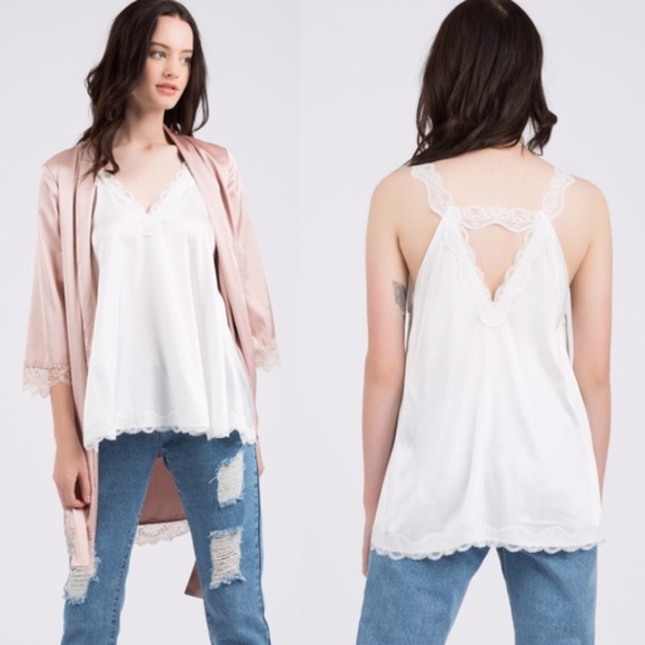 027 Boho Lace V neck Satin Cami Tank Top - Picture 5 of 5